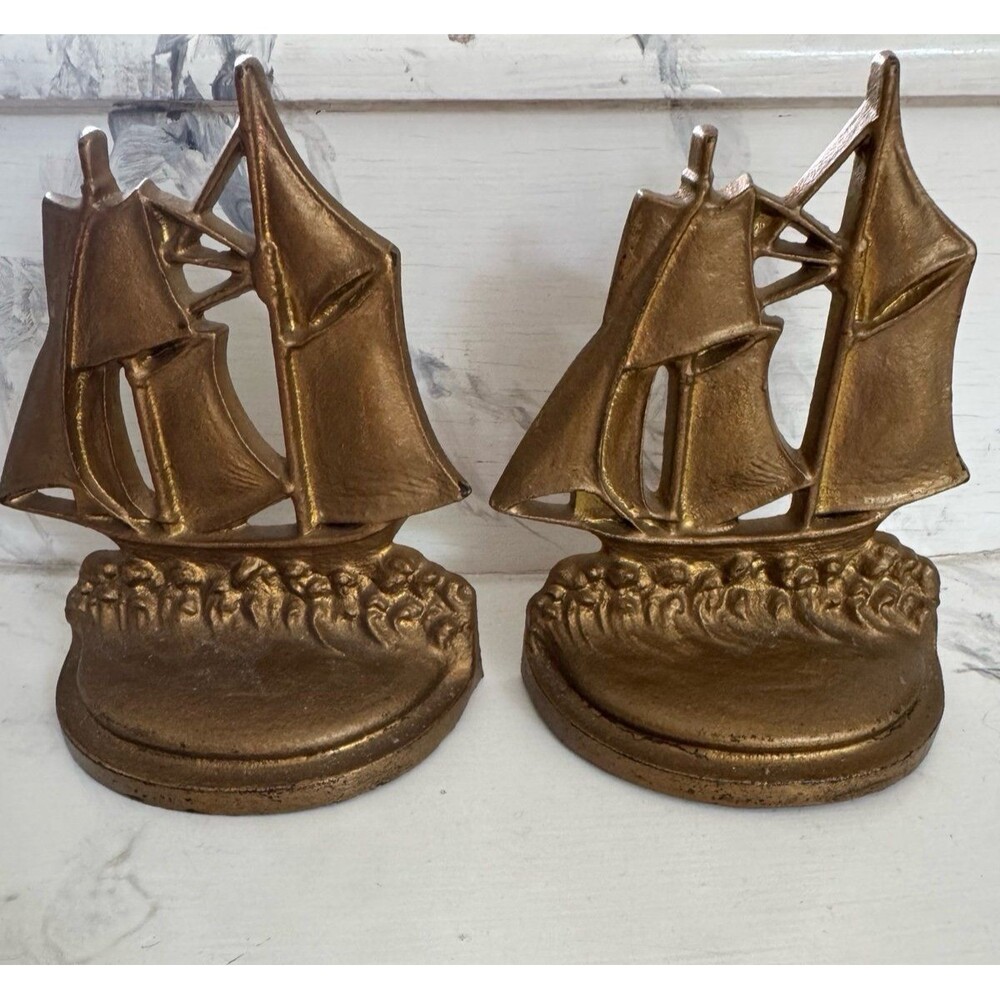 VTG 60’s Brass/Metal Ship Nautical Bookends SET Heavy MCM Library Shelf Taiwan - Picture 1 of 5